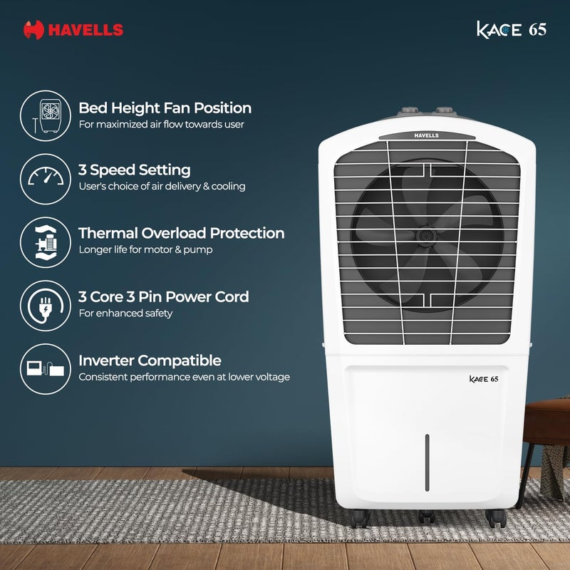 Havells Havells Kace 65 L Desert Air Cooler for Home Powerful AirDeliveryBacteria Shield Honeycomb Pads Technology XXL Ice Chamber Ice Chill Drip Technology Inverter compatibleFront wheels with brakes  - Image 5