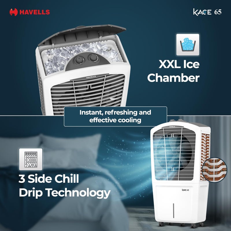 Havells Havells Kace 65 L Desert Air Cooler for Home Powerful AirDeliveryBacteria Shield Honeycomb Pads Technology XXL Ice Chamber Ice Chill Drip Technology Inverter compatibleFront wheels with brakes  - Image 4