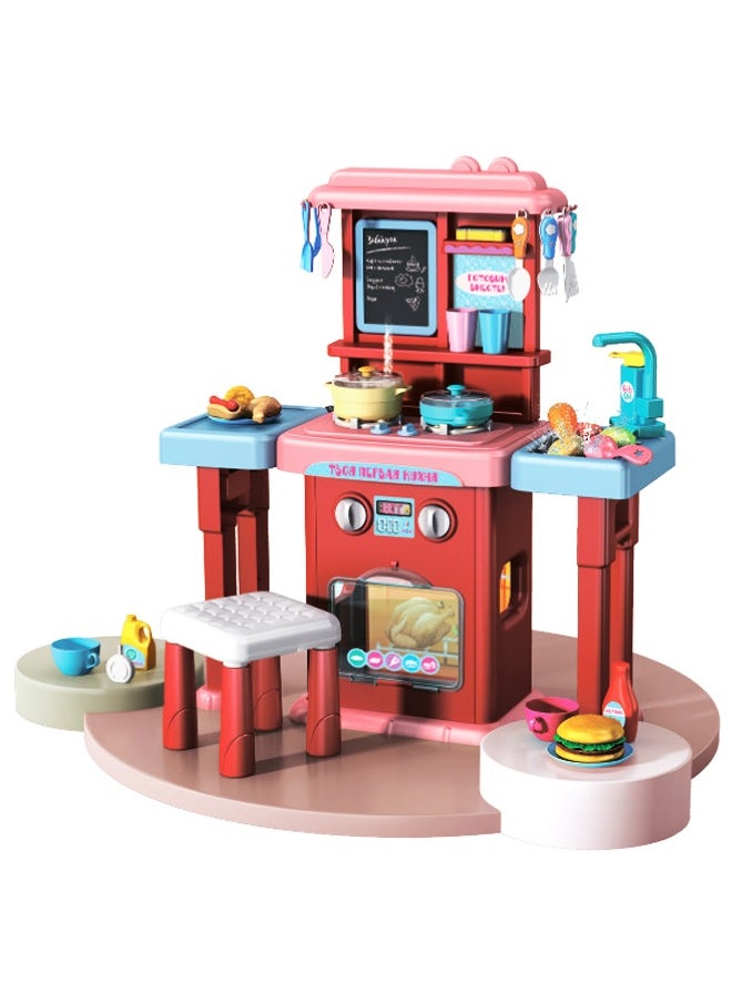 Fitness World 63-piece interactive children's kitchen playset with realistic light and sound effects, including a cooking stove, a play sink, and kitchen accessories. Red, 63*24.5*73 cm  - Image 1
