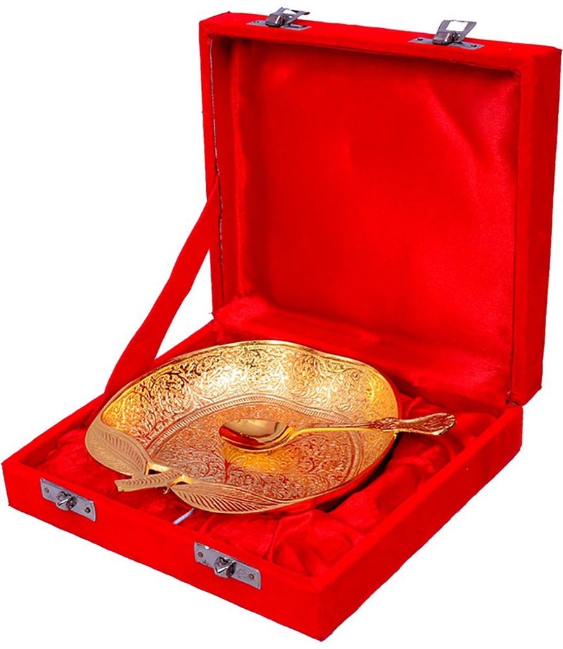 JAIPUR ACE Gold Plated Brass Apple Shaped Bowl with Spoon Best for Gifting Dining Decor Home Decor Diwali New Year Christmas Set of 2 Pieces1 Spoon 1 Bowl - Image 1