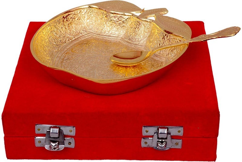 JAIPUR ACE Gold Plated Brass Apple Shaped Bowl with Spoon Best for Gifting Dining Decor Home Decor Diwali New Year Christmas Set of 2 Pieces1 Spoon 1 Bowl - Image 2