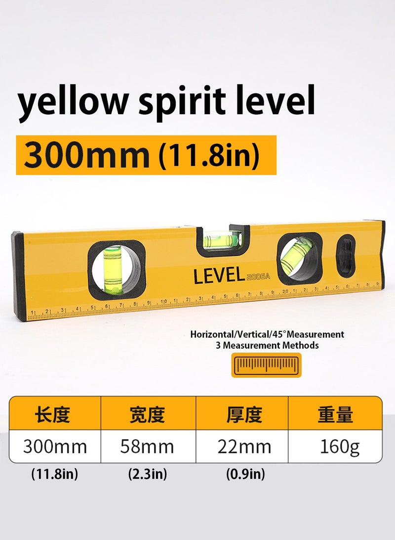 LOOPITYS Spirit Level 300mm with Magnetic Measuring ，Aluminum Alloy level gauge ruler Tool 45°/90°/180°  for Woodworking accurate readings Designed decoration and home furnishings such as measuring locations on a wall space between hangers the nail (Yellow) - Image 1