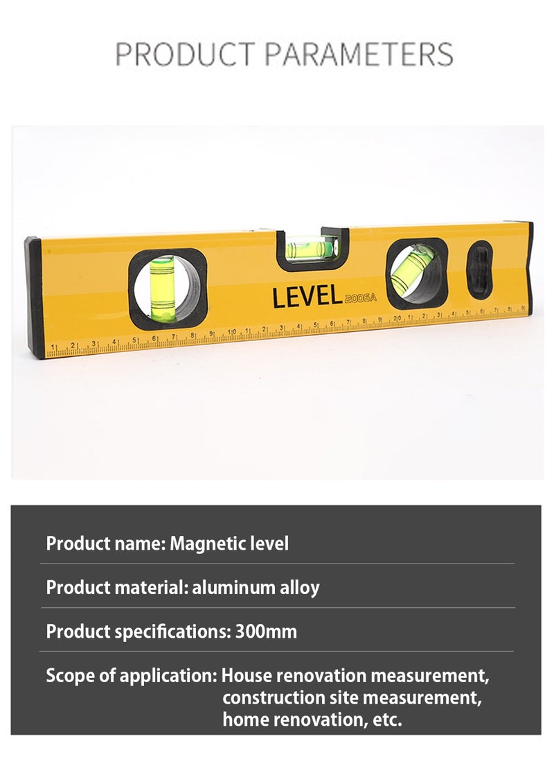LOOPITYS Spirit Level 300mm with Magnetic Measuring ，Aluminum Alloy level gauge ruler Tool 45°/90°/180°  for Woodworking accurate readings Designed decoration and home furnishings such as measuring locations on a wall space between hangers the nail (Yellow) - Image 5