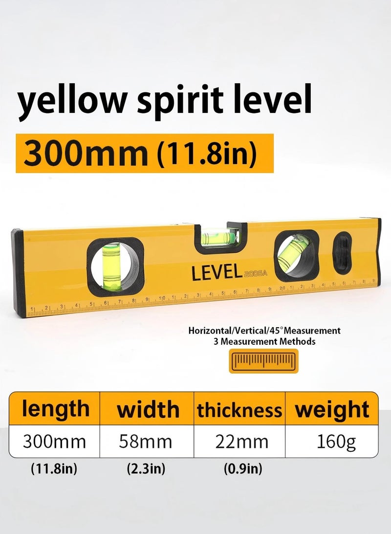 LOOPITYS Spirit Level 300mm with Magnetic Measuring ，Aluminum Alloy level gauge ruler Tool 45°/90°/180°  for Woodworking accurate readings Designed decoration and home furnishings such as measuring locations on a wall space between hangers the nail (Yellow) - Image 1