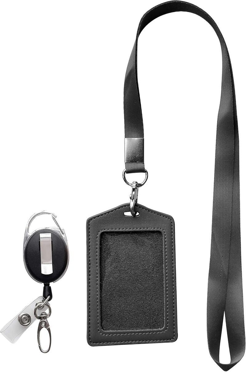 HoAoOo ID Card Case + Heavy Duty Lanyard (Black) + Badge Holder Retractable Reel Carabiner and Plastic Clip (Genuine Leather) - Image 1