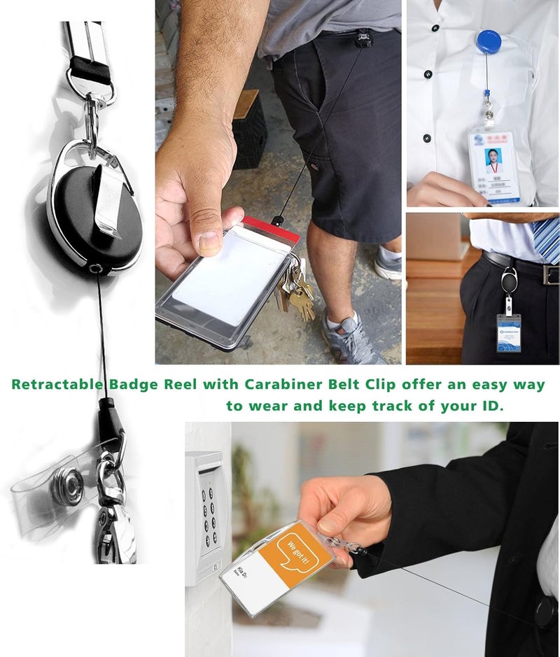 HoAoOo ID Card Case + Heavy Duty Lanyard (Black) + Badge Holder Retractable Reel Carabiner and Plastic Clip (Genuine Leather) - Image 5