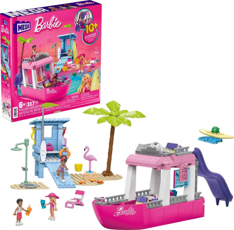 Mega Barbie Kids Building Toy Set, Malibu Dream Boat with 317 Pieces, 2 Micro-Dolls and Accessories, Pink, Ages 6+ Years - Image 1