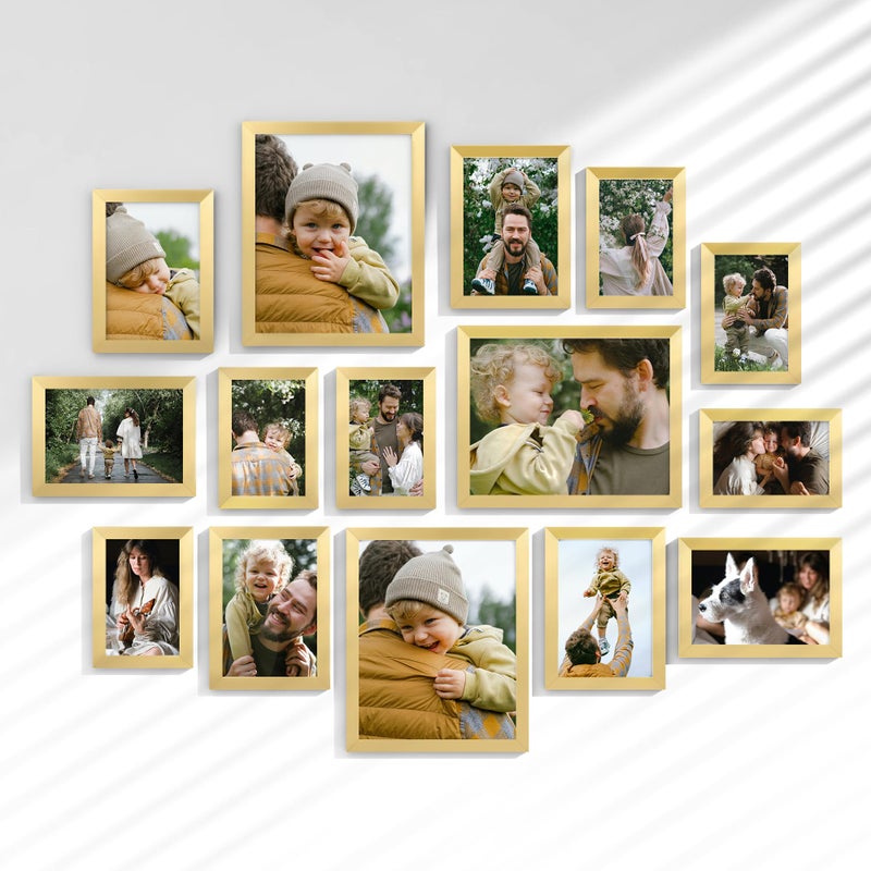 Venusmiles 15 Pack Picture Frames Collage Wall Decor, Gallery Frame Set for Wall Mounting or Tabletop Display, Multi Sizes Including 3pcs 8x10, 6pcs 5x7, 6pcs 4x6, Gold - Image 1