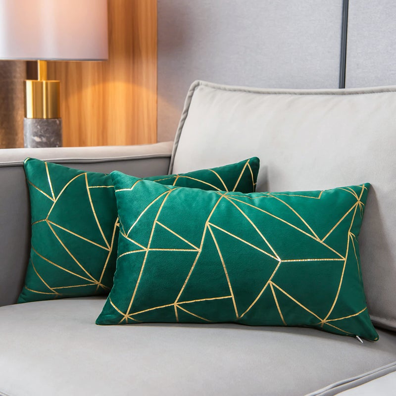 YONGLIU YONGLIU Throw Pillow Covers Velvet Decorative 2 Packs Ultra-Soft Geometrical Golden Foil Rectangle Cushion Case for Christmas Sofa Bedroom Car Couch Chair (Alpine Green  12X20 )  - Image 1