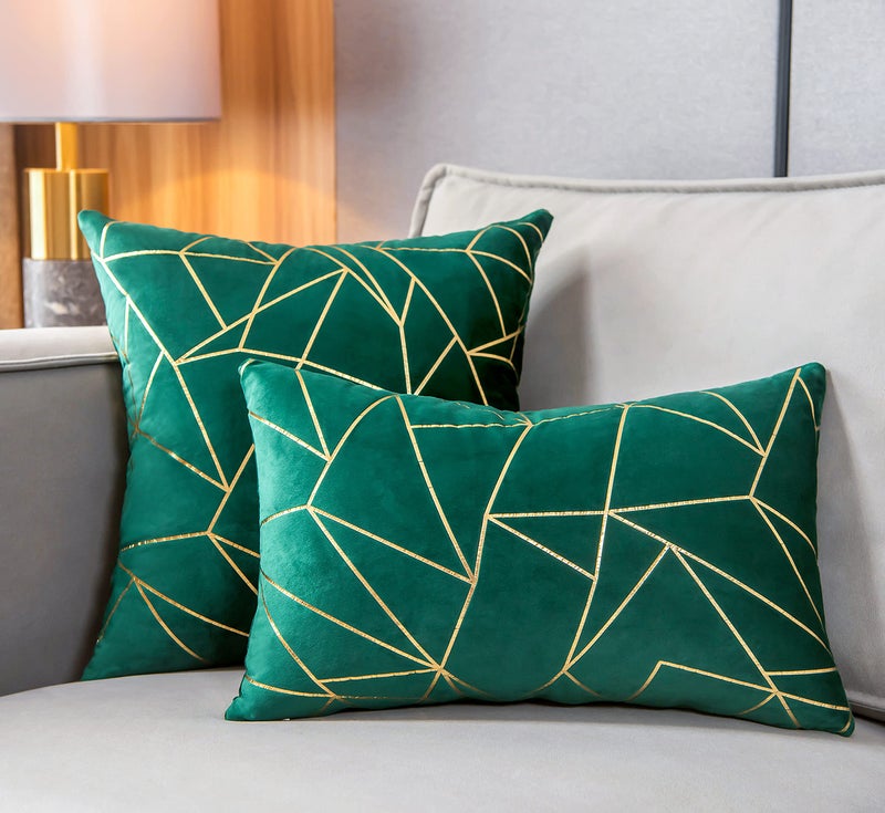 YONGLIU YONGLIU Throw Pillow Covers Velvet Decorative 2 Packs Ultra-Soft Geometrical Golden Foil Rectangle Cushion Case for Christmas Sofa Bedroom Car Couch Chair (Alpine Green  12X20 )  - Image 4