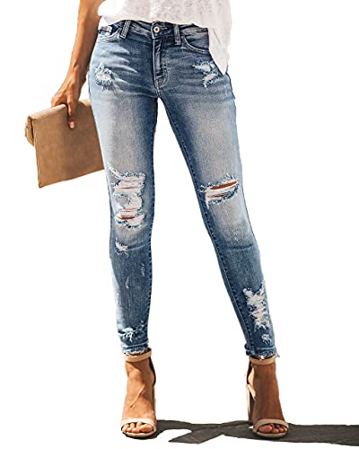 Allimy Women's High Rise Skinny Stretch Ripped Jeans High Waisted Destroyed Denim Pants Size 10 Blue - Image 3
