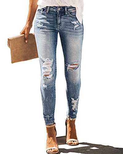 Allimy Women's High Rise Skinny Stretch Ripped Jeans High Waisted Destroyed Denim Pants Size 10 Blue - Image 1