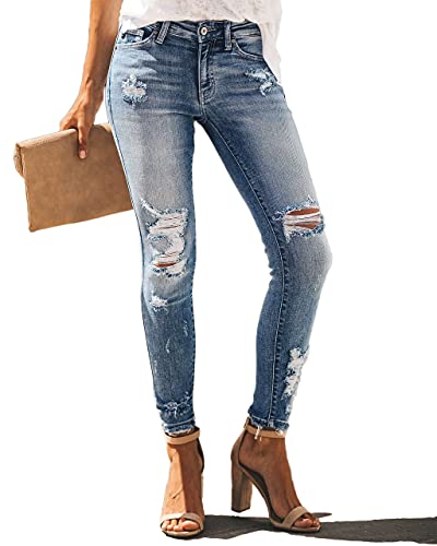 Allimy Women's High Rise Skinny Stretch Ripped Jeans High Waisted Destroyed Denim Pants Size 10 Blue - Image 2