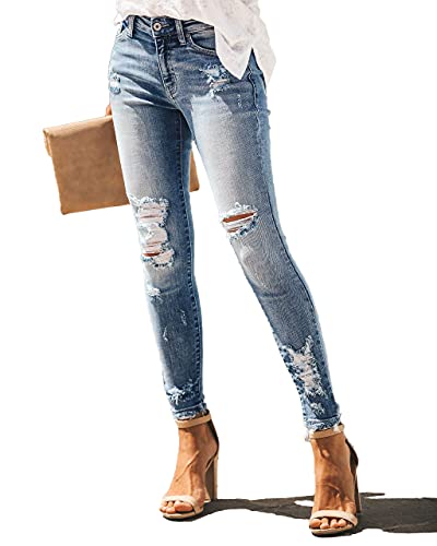 Allimy Women's High Rise Skinny Stretch Ripped Jeans High Waisted Destroyed Denim Pants Size 10 Blue - Image 4