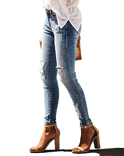 Allimy Women's High Rise Skinny Stretch Ripped Jeans High Waisted Destroyed Denim Pants Size 10 Blue - Image 5