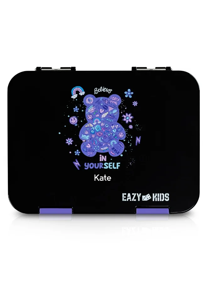 إيزي كيدز Eazy Kids Personalized 6 & 4 Convertible Bento Lunch Box w/Steel Spoon & Fork Set - Teddy Black