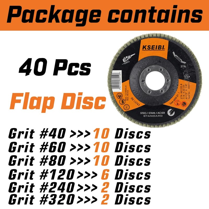KSEIBI 686064 Aluminum Oxide 4 1/2 Inch Auto Body Flap Disc Sanding Grinding Wheel 10 Pack (Mixed 40 Pack) - Image 2
