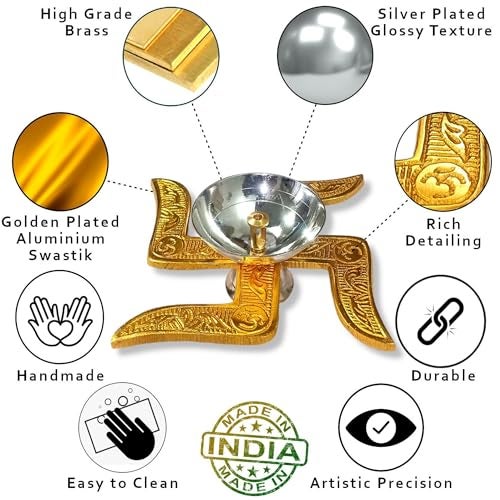 Ein Sof Swastik Brass Akhand Diya for Puja with Gift Box, Gold & White Akhand Diyas Pooja Room Decoration, Return Gift & House Warming Gift - Image 3
