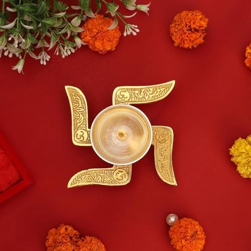 Ein Sof Swastik Brass Akhand Diya for Puja with Gift Box, Gold & White Akhand Diyas Pooja Room Decoration, Return Gift & House Warming Gift - Image 2