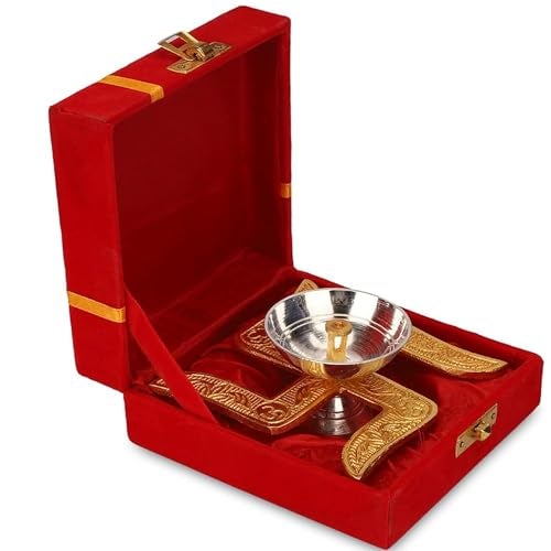 Ein Sof Swastik Brass Akhand Diya for Puja with Gift Box, Gold & White Akhand Diyas Pooja Room Decoration, Return Gift & House Warming Gift - Image 1