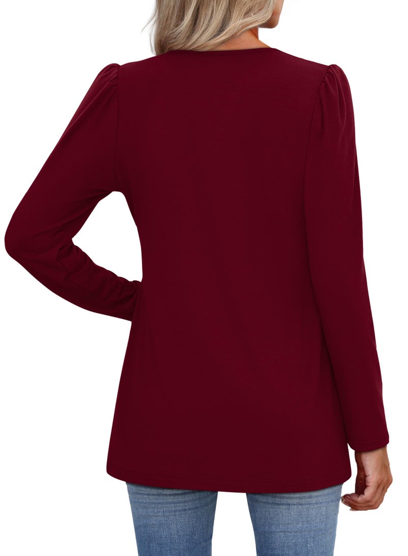 WIHOLL Womens Tops Dressy Casual Long Sleeve Christmas Shirts for Women Babydoll Tops Loose Fit Plus Size Fashion Clothing Wine Red XL - Image 5