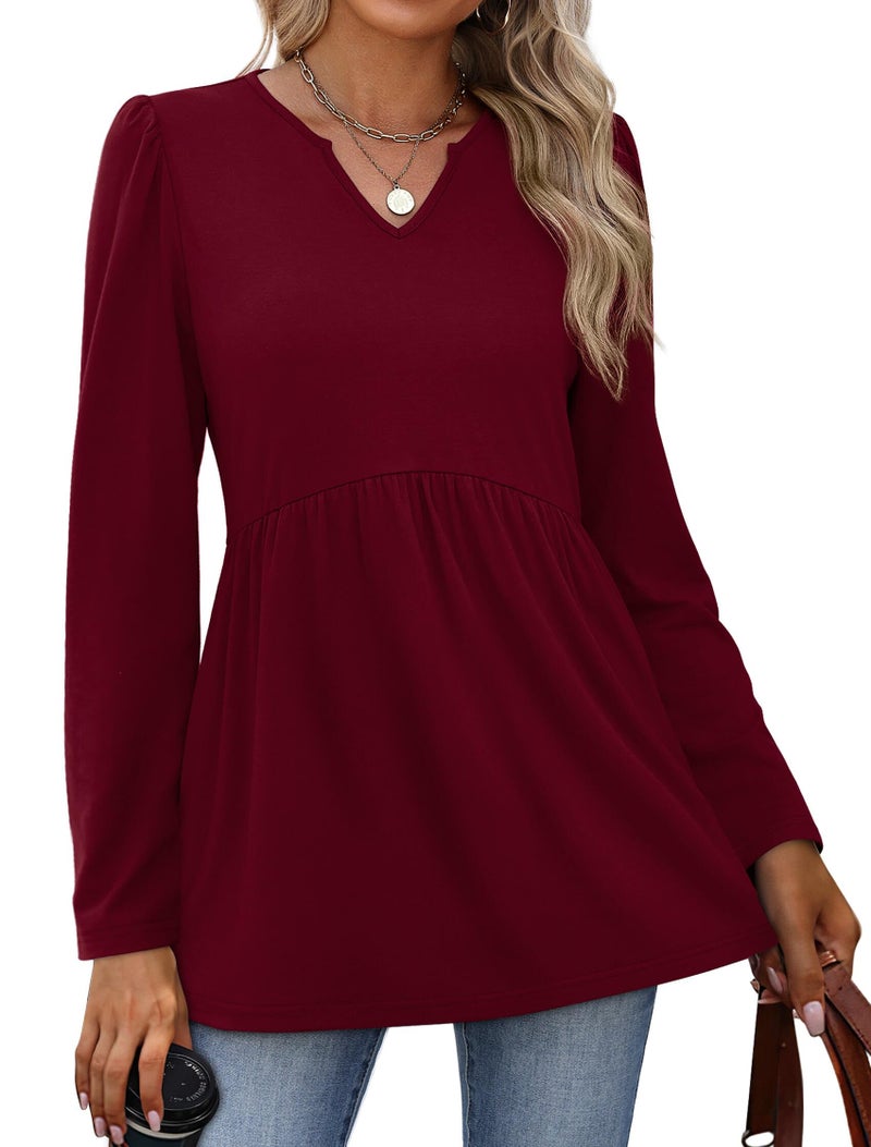 WIHOLL Womens Tops Dressy Casual Long Sleeve Christmas Shirts for Women Babydoll Tops Loose Fit Plus Size Fashion Clothing Wine Red XL - Image 2