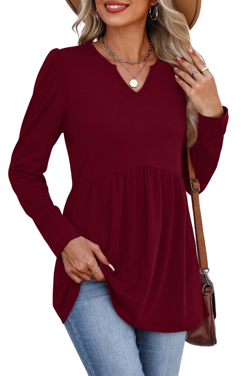 WIHOLL Womens Tops Dressy Casual Long Sleeve Christmas Shirts for Women Babydoll Tops Loose Fit Plus Size Fashion Clothing Wine Red XL - Image 3