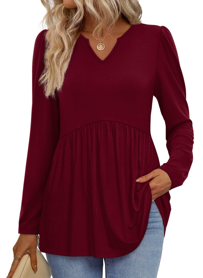WIHOLL Womens Tops Dressy Casual Long Sleeve Christmas Shirts for Women Babydoll Tops Loose Fit Plus Size Fashion Clothing Wine Red XL - Image 1