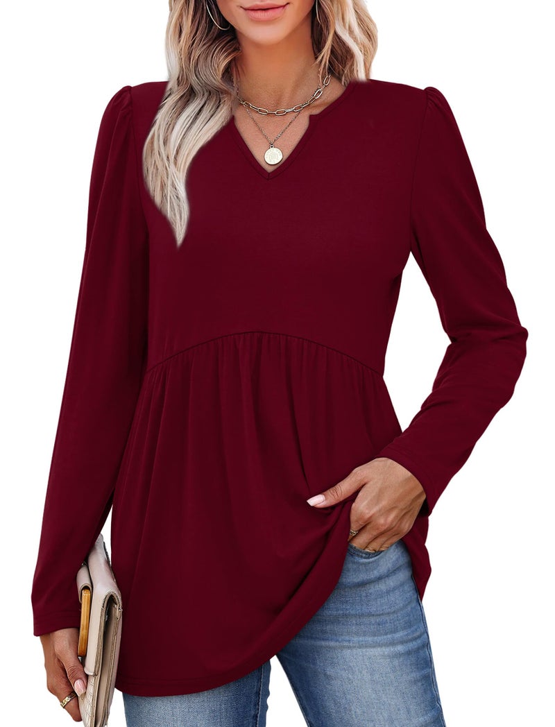 WIHOLL Womens Tops Dressy Casual Long Sleeve Christmas Shirts for Women Babydoll Tops Loose Fit Plus Size Fashion Clothing Wine Red XL - Image 4