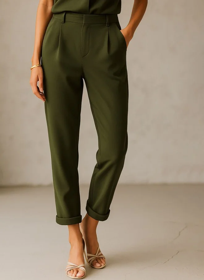 ساسافراس Olive Green High-Rise Pleated Formal Trousers for Women