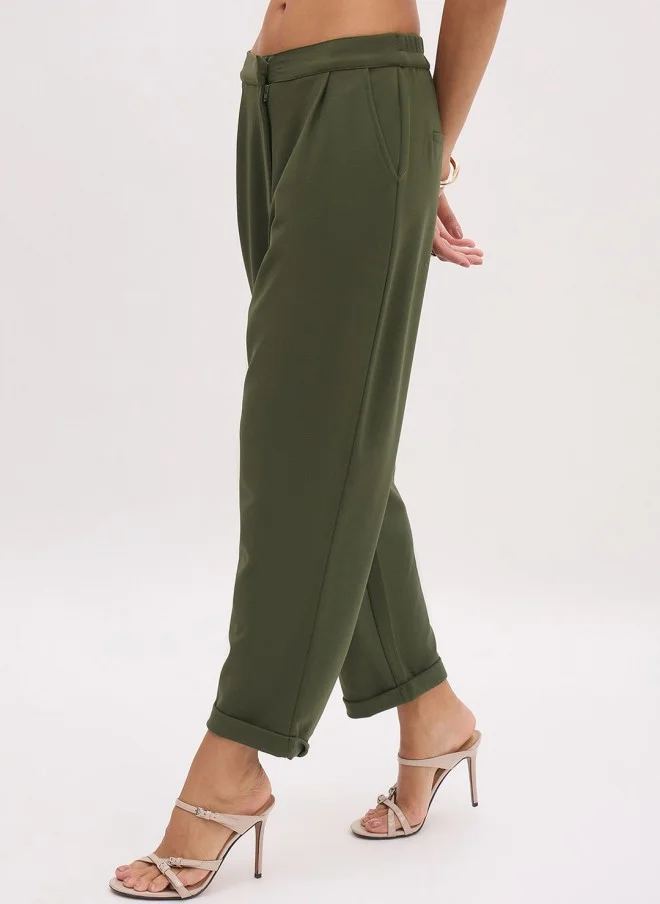 ساسافراس Olive Green High-Rise Pleated Formal Trousers for Women