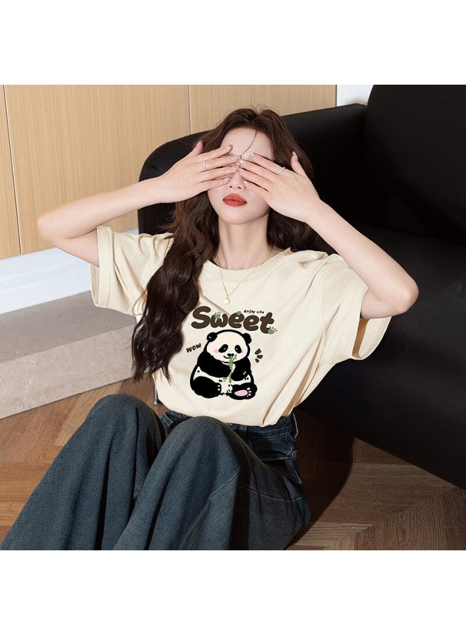 Tonlion Summer Women's Knitted Front Chest Cartoon Panda Short Sleeve T-shirt Apricot M - Image 1
