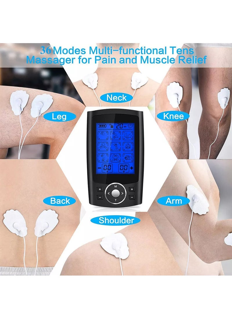 LAESO Dual Channel TENS EMS MASS Unit 36 Modes Muscle Stimulator for Pain Relief Therapy, Electronic Pulse Massager Muscle Massager with 10 Pads, Dust-Proof Drawstring Storage Bag, Fastening Cable Ties  - Image 3