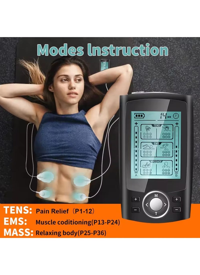 LAESO Dual Channel TENS EMS MASS Unit 36 Modes Muscle Stimulator for Pain Relief Therapy, Electronic Pulse Massager Muscle Massager with 10 Pads, Dust-Proof Drawstring Storage Bag, Fastening Cable Ties  - Image 4