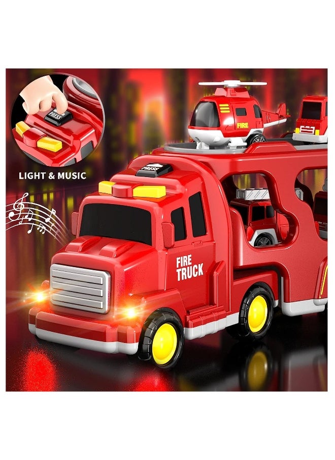 Generic - Fire Car Truck Set with Light and Sound, 5 in 1 Friction Power Emergency Vehicle Car Toy, Carrier Truck Toys Car Toys Set Gifts For Kids 3+ Years - Image 1