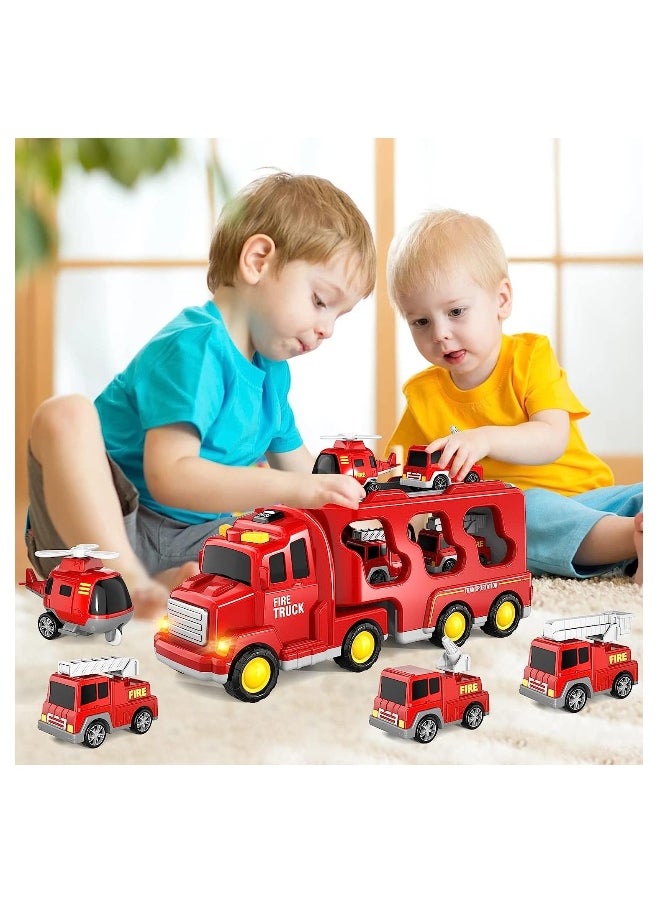 Generic - Fire Car Truck Set with Light and Sound, 5 in 1 Friction Power Emergency Vehicle Car Toy, Carrier Truck Toys Car Toys Set Gifts For Kids 3+ Years - Image 1