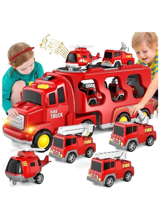 Generic - Fire Car Truck Set with Light and Sound, 5 in 1 Friction Power Emergency Vehicle Car Toy, Carrier Truck Toys Car Toys Set Gifts For Kids 3+ Years - Image 1