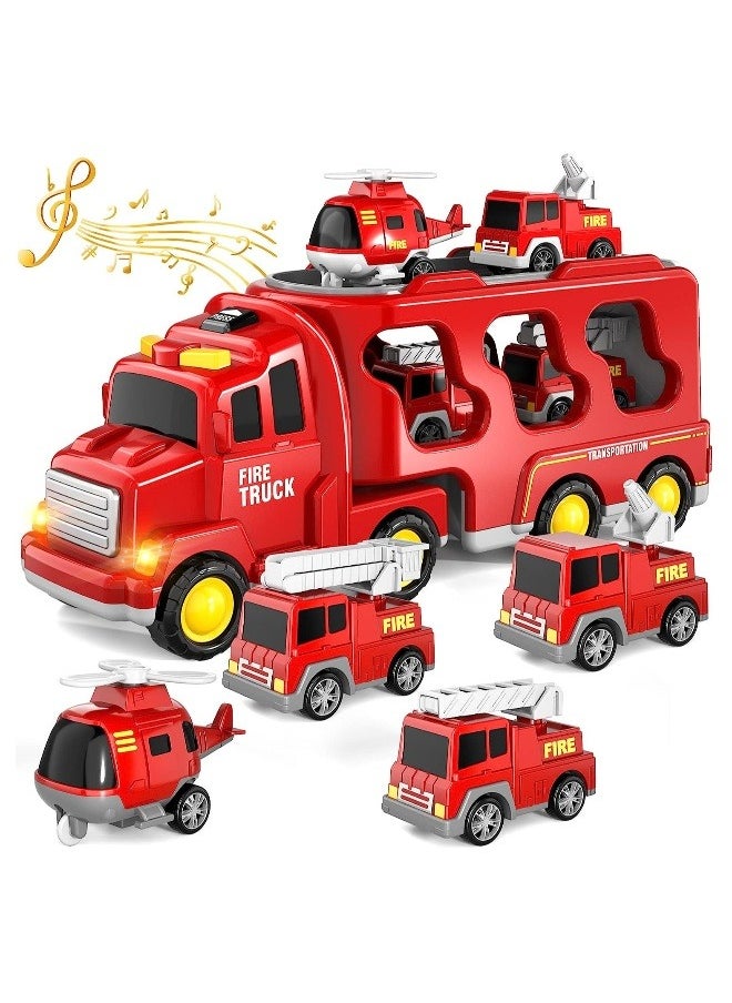 Generic - Fire Car Truck Set with Light and Sound, 5 in 1 Friction Power Emergency Vehicle Car Toy, Carrier Truck Toys Car Toys Set Gifts For Kids 3+ Years - Image 1