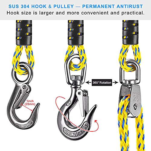 Dolibest 16ft Boat Tow Harness Boat Tow Ropes, Easy Connection w/ 3 Large Stainless Steel Hooks and Pully for Tow 1-4 Rider Towable Tube - Image 4