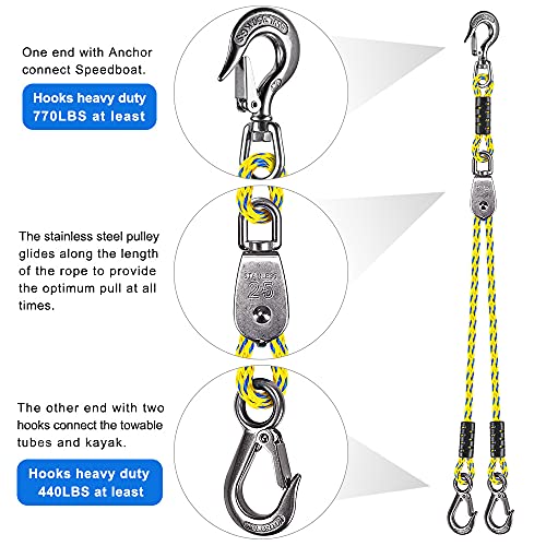Dolibest 16ft Boat Tow Harness Boat Tow Ropes, Easy Connection w/ 3 Large Stainless Steel Hooks and Pully for Tow 1-4 Rider Towable Tube - Image 5