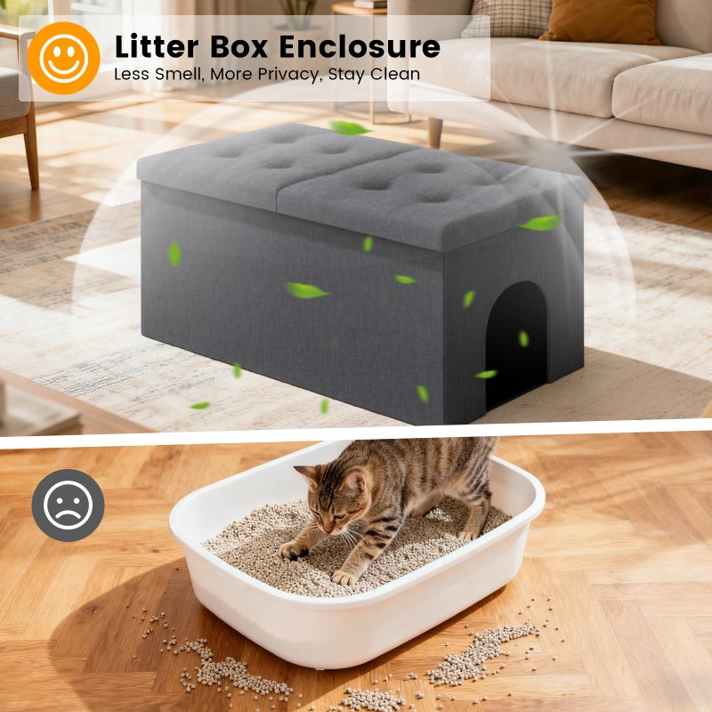 Fecuria 3-in-1 Cat Litter Box Enclosure with Odor Control, Multi-Functional Hidden Litter Box Furniture Bench, Dog Proof, Space-Saving Ottoman Cabinet with Flip-Up Lid, Extra Large, Dark Grey - Image 2