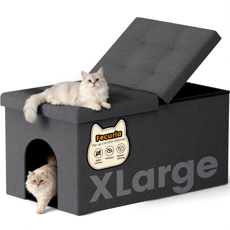 Fecuria 3-in-1 Cat Litter Box Enclosure with Odor Control, Multi-Functional Hidden Litter Box Furniture Bench, Dog Proof, Space-Saving Ottoman Cabinet with Flip-Up Lid, Extra Large, Dark Grey - Image 1