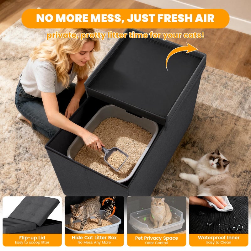 Fecuria 3-in-1 Cat Litter Box Enclosure with Odor Control, Multi-Functional Hidden Litter Box Furniture Bench, Dog Proof, Space-Saving Ottoman Cabinet with Flip-Up Lid, Extra Large, Dark Grey - Image 4