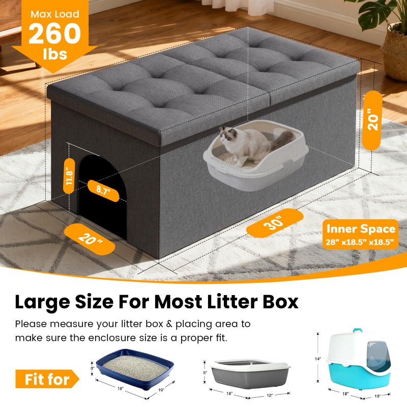 Fecuria 3-in-1 Cat Litter Box Enclosure with Odor Control, Multi-Functional Hidden Litter Box Furniture Bench, Dog Proof, Space-Saving Ottoman Cabinet with Flip-Up Lid, Extra Large, Dark Grey - Image 3