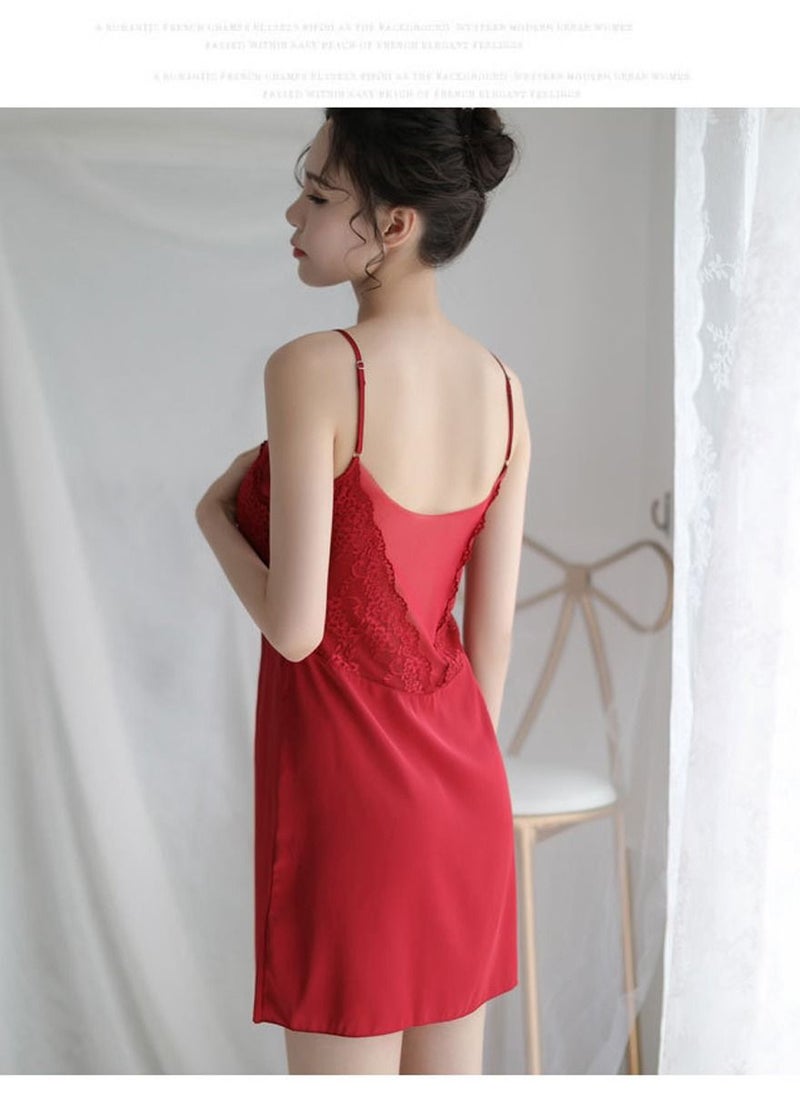 NIBEMINENT Women Comfortable Lace Detail Backless Nightdress Red 