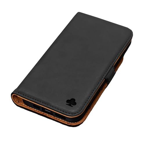 Porter Riley - Leather Case Compatible with iPhone 17 Pro Max. Premium Genuine Leather Stand/Cover/Wallet/Flip Case with Card Slots & Horizontal Stand (Black & Tan) - Image 1