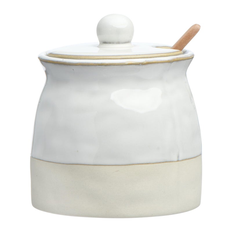 Creative CoOp Stoneware Sugar Pot with Lid and Wood Spoon White Glaze