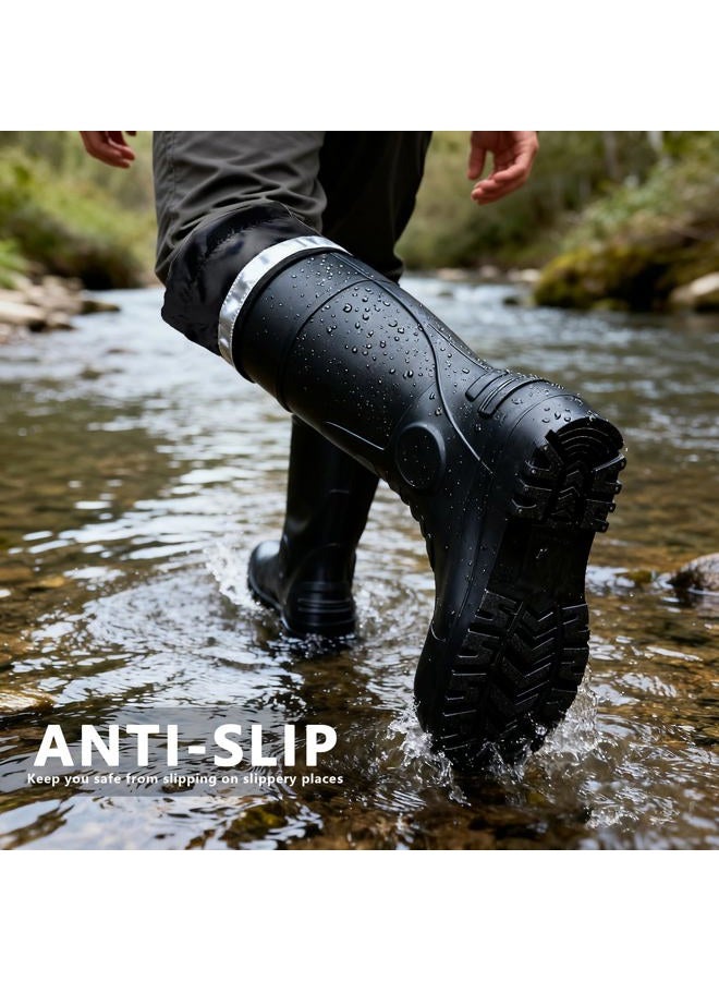 E KAINI Mens Rain Boots Knee High Waterproof Boot with PVC Rubber Mud Boots for Men, Comfort Lightweight Gardening Fishing Shoes for Yard Farm Outdoor Work, Black, 9-10 - Image 2