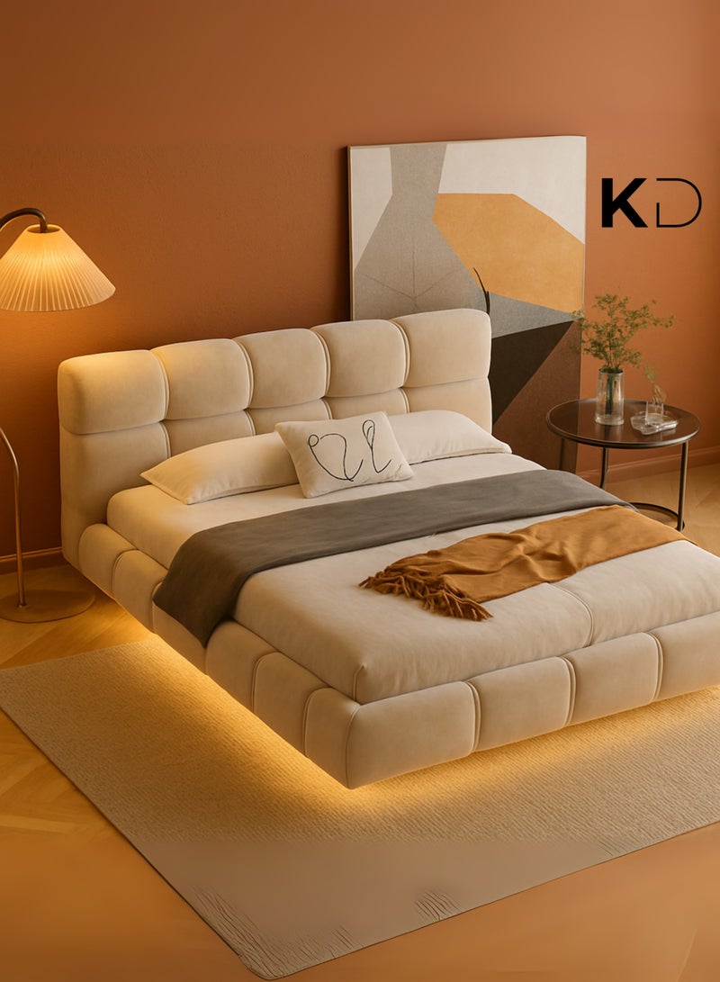 KUSTOMDECO Luxury Upholstered  Bed with LED Lighting | Modern Floating Design,Customizable Bed  Padded Headboard, Beige Velvet Finish Queen Size 160x200cm For UAE Furniture - Image 4