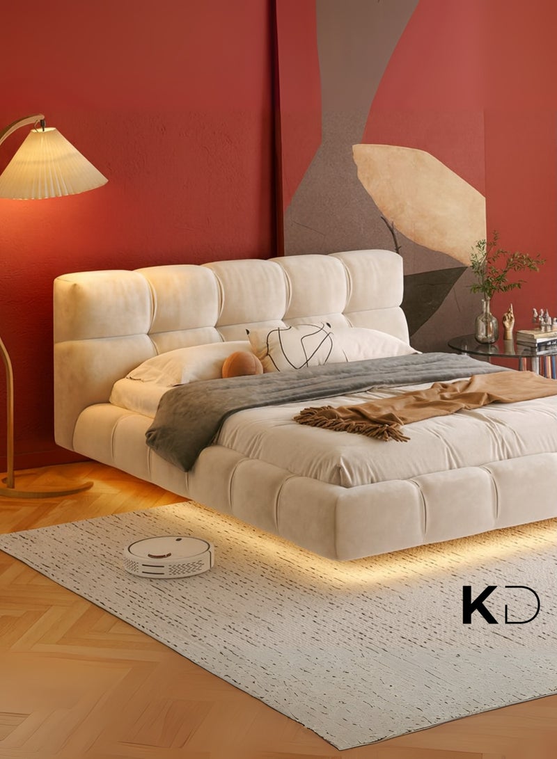 KUSTOMDECO Luxury Upholstered  Bed with LED Lighting | Modern Floating Design,Customizable Bed  Padded Headboard, Beige Velvet Finish Queen Size 160x200cm For UAE Furniture - Image 5